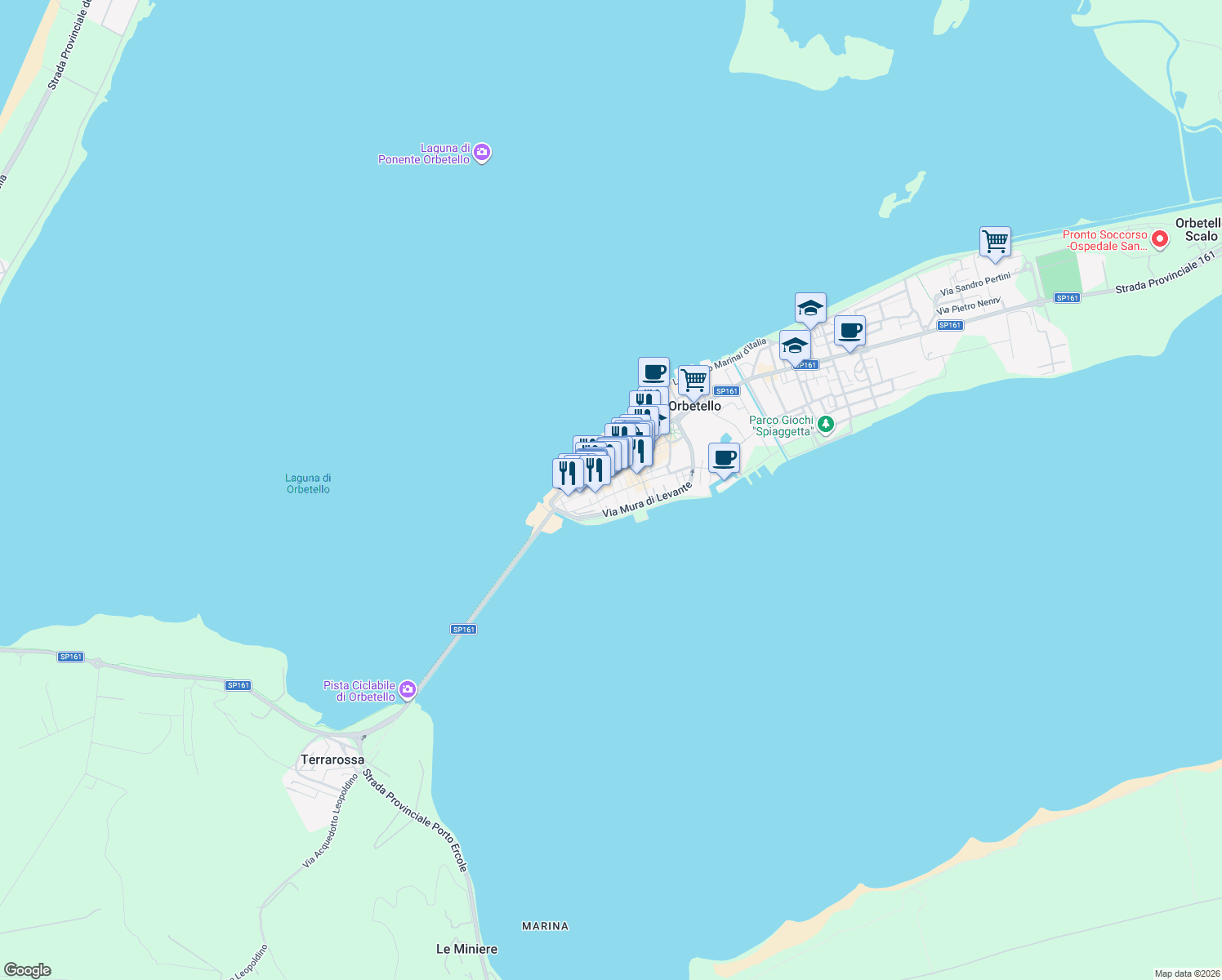 map of restaurants, bars, coffee shops, grocery stores, and more near 17 Piazza Plebiscito in Orbetello