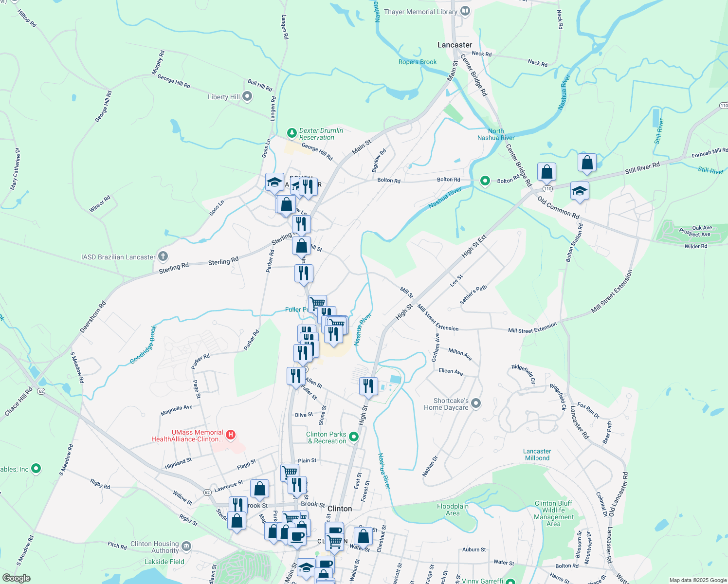 map of restaurants, bars, coffee shops, grocery stores, and more near 201 Mill Street in Lancaster