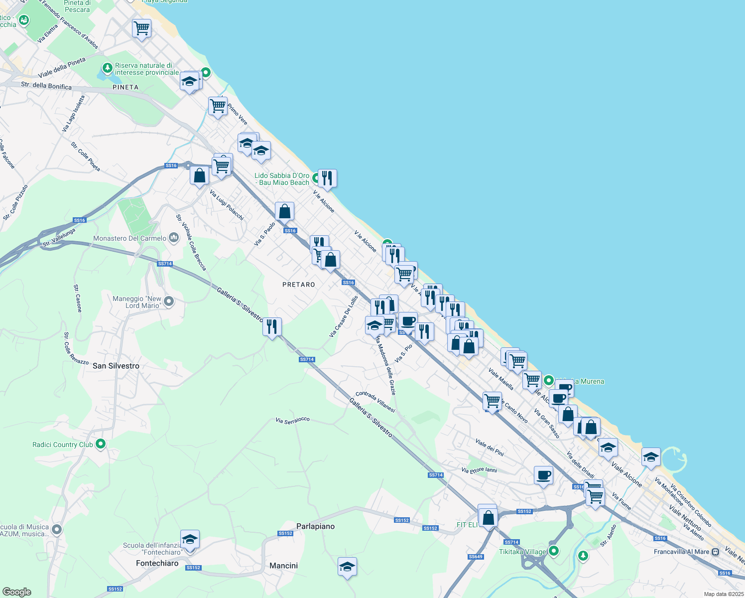 map of restaurants, bars, coffee shops, grocery stores, and more near Viale Monte Velino in Francavilla Al Mare
