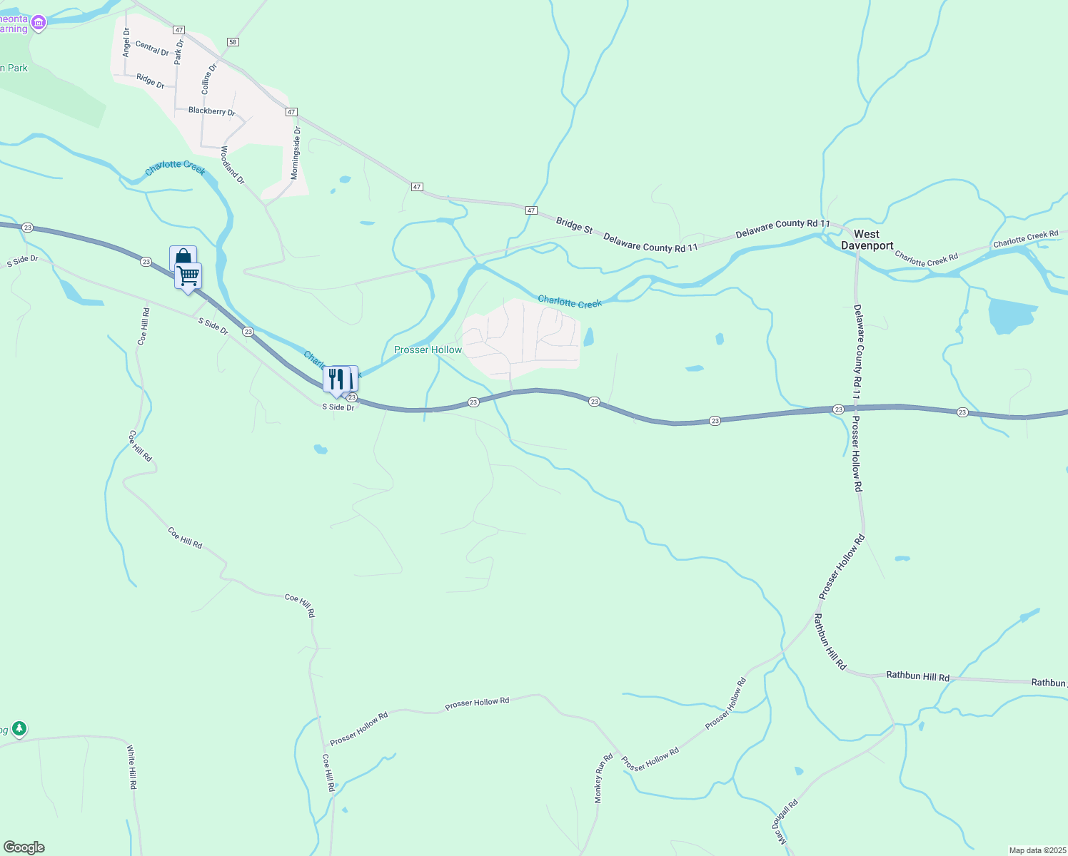 map of restaurants, bars, coffee shops, grocery stores, and more near 399 Hansen Road in Oneonta