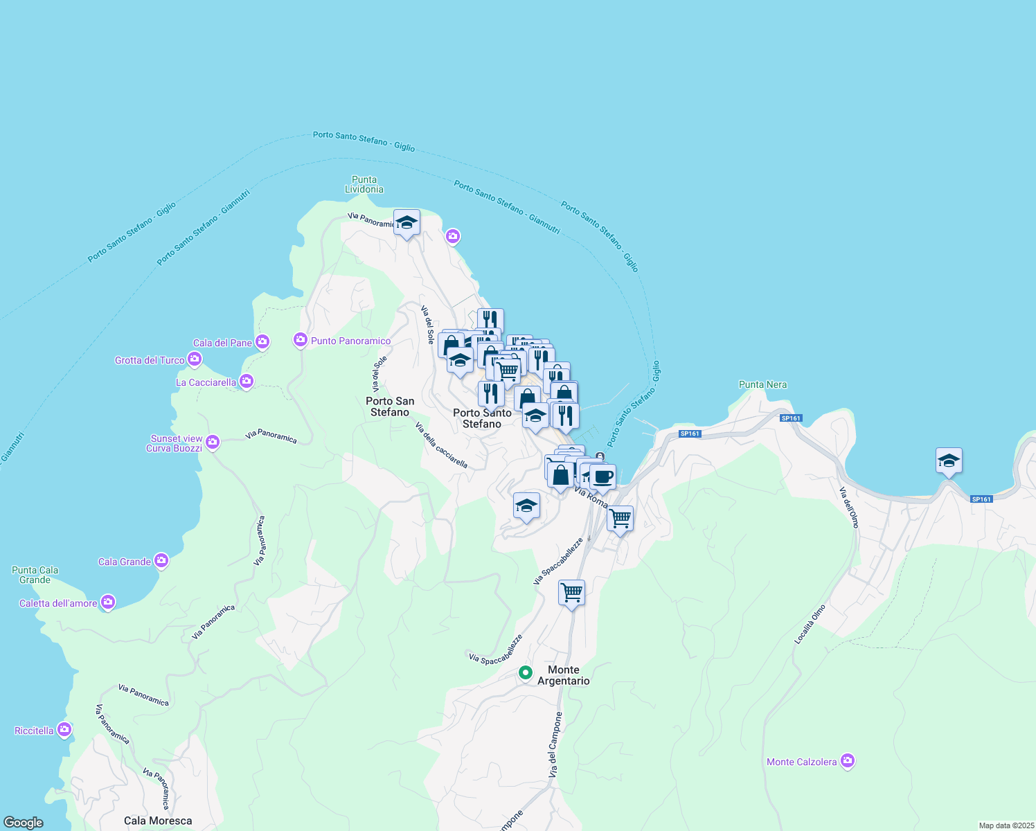 map of restaurants, bars, coffee shops, grocery stores, and more near 8 Via del Mandorlo in Porto Santo Stefano
