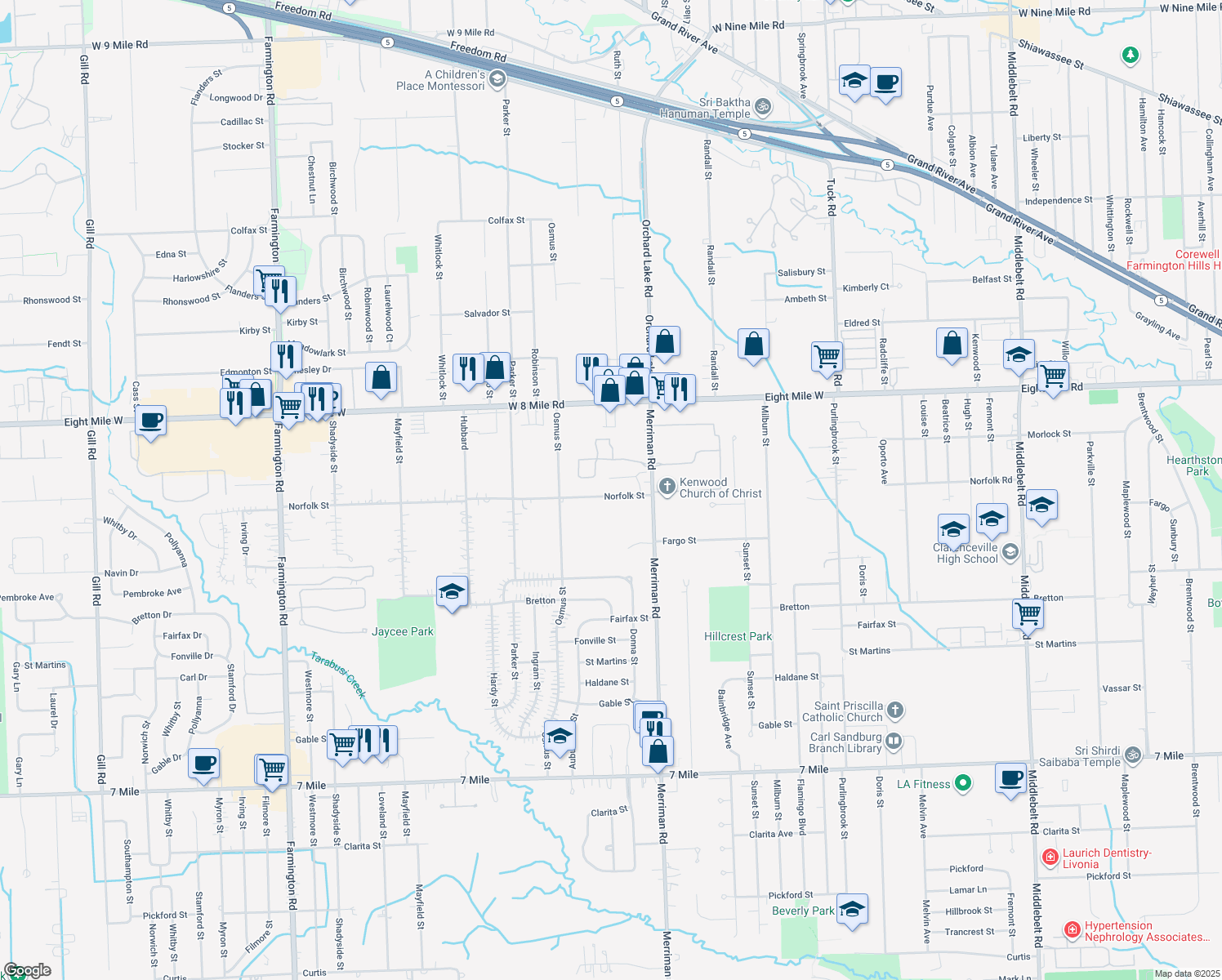 map of restaurants, bars, coffee shops, grocery stores, and more near 31628 Norfolk Street in Livonia