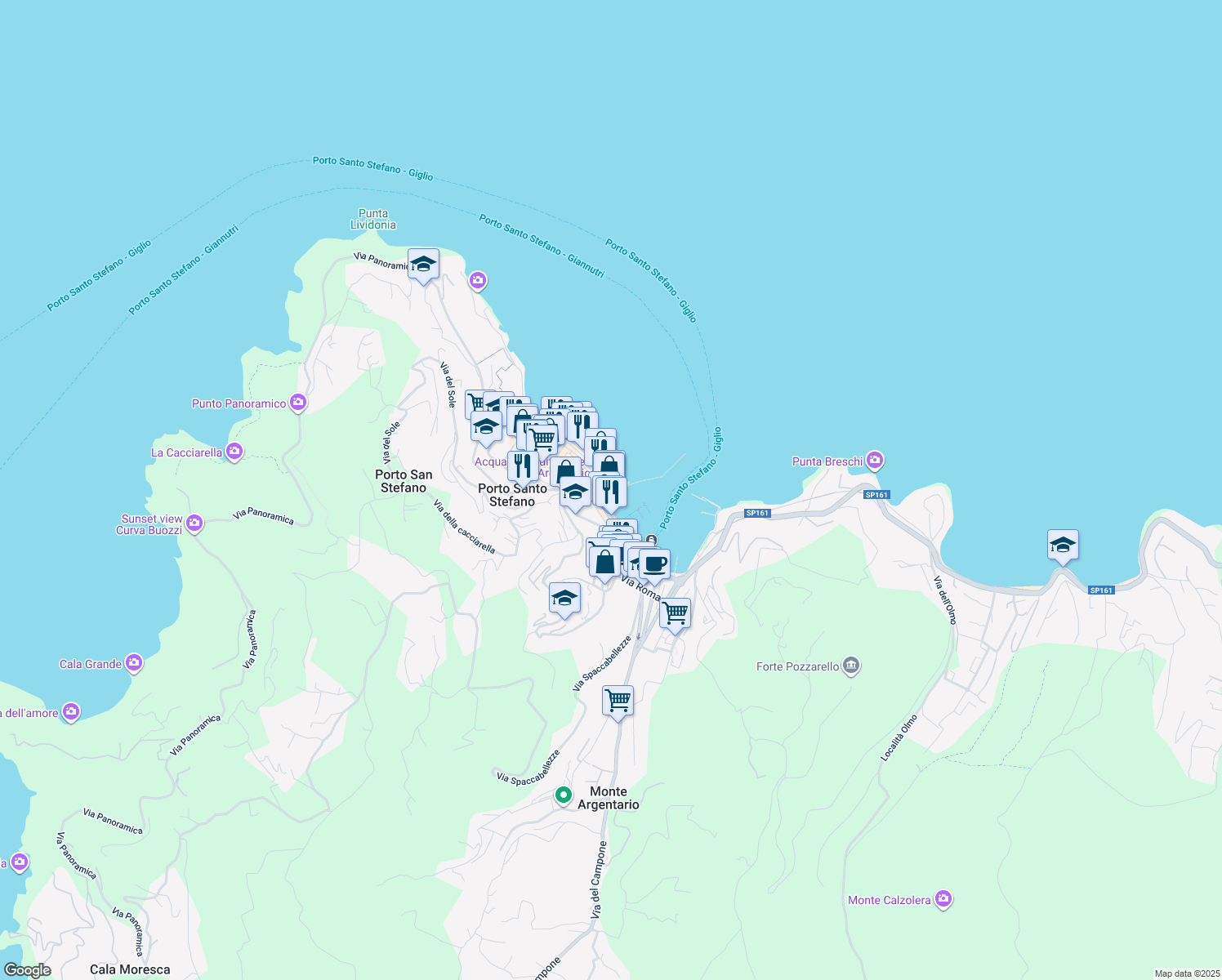 map of restaurants, bars, coffee shops, grocery stores, and more near 118 Corso Umberto I in Porto Santo Stefano