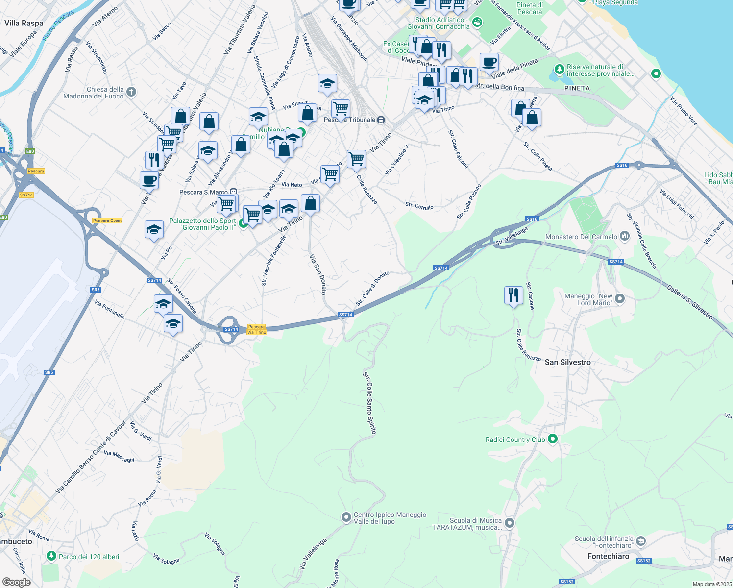 map of restaurants, bars, coffee shops, grocery stores, and more near Strada Colle San Donato in Pescara