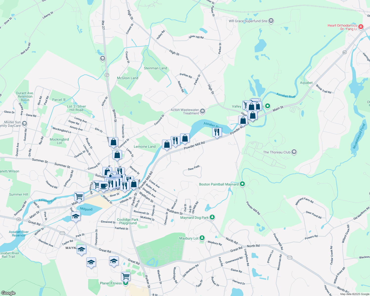 map of restaurants, bars, coffee shops, grocery stores, and more near 94 Powder Mill Road in Maynard