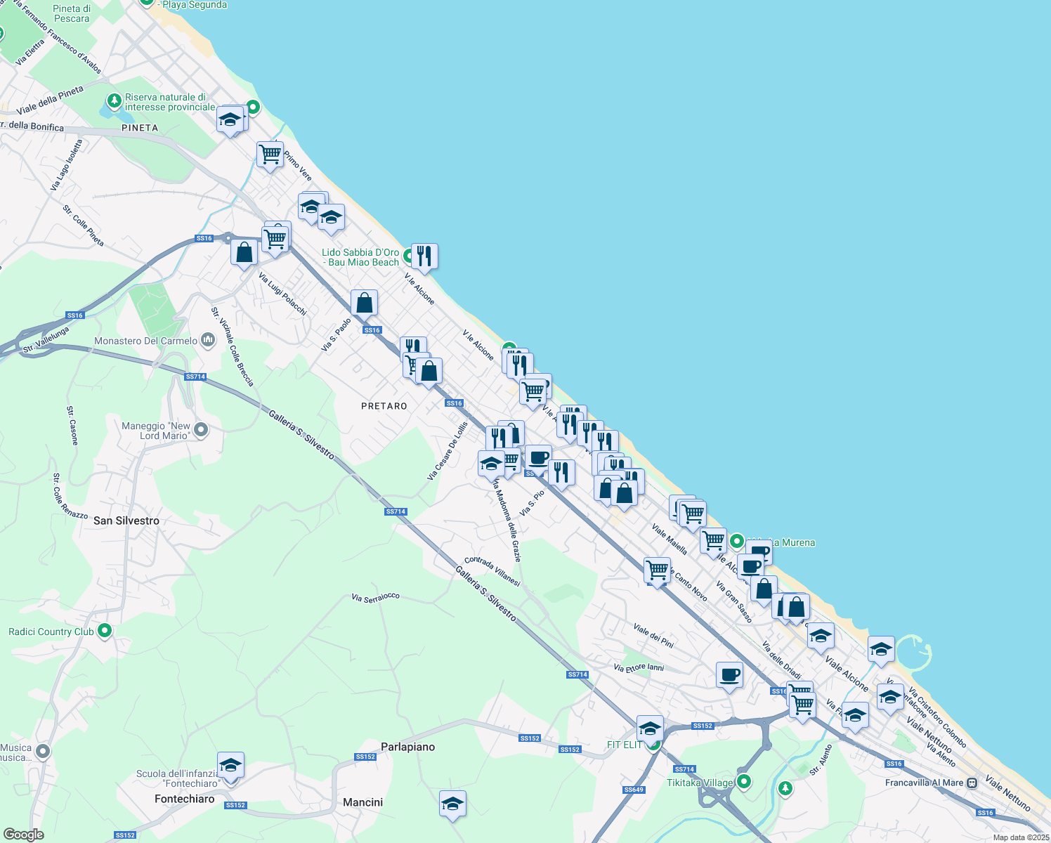map of restaurants, bars, coffee shops, grocery stores, and more near 11A Piazza Ionio in Francavilla al Mare