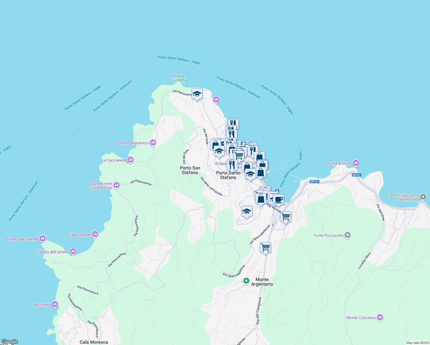 map of restaurants, bars, coffee shops, grocery stores, and more near 51 Via del Sole in Porto Santo Stefano