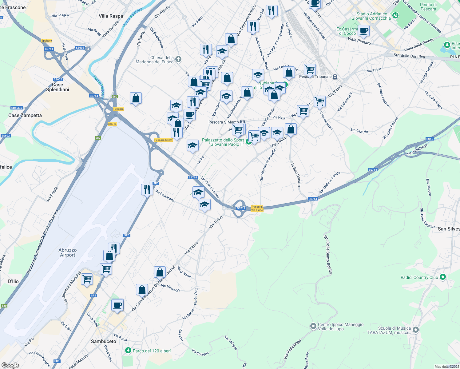 map of restaurants, bars, coffee shops, grocery stores, and more near 266 Via Tirino in Pescara