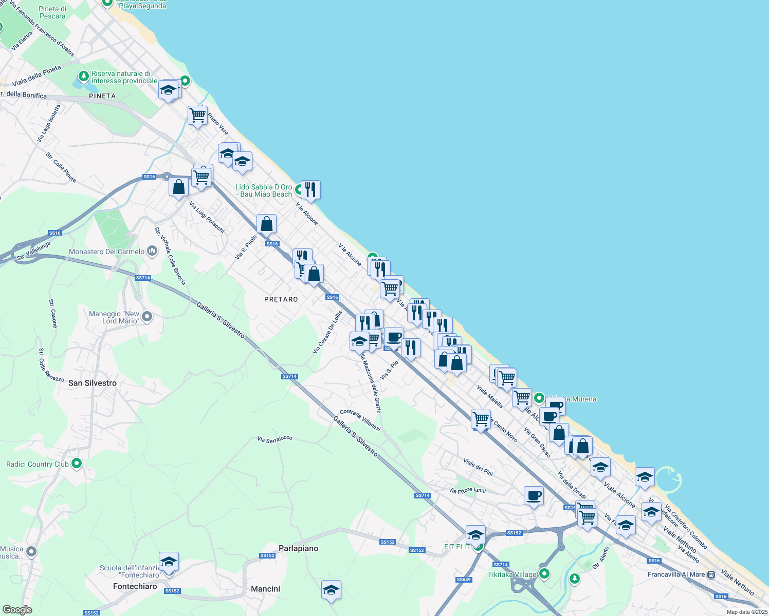 map of restaurants, bars, coffee shops, grocery stores, and more near 11A Piazza Ionio in Francavilla al Mare