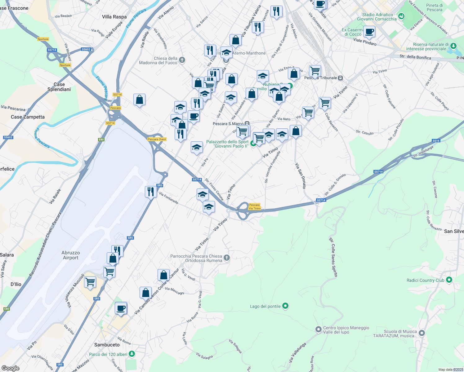 map of restaurants, bars, coffee shops, grocery stores, and more near 266 Via Tirino in Pescara