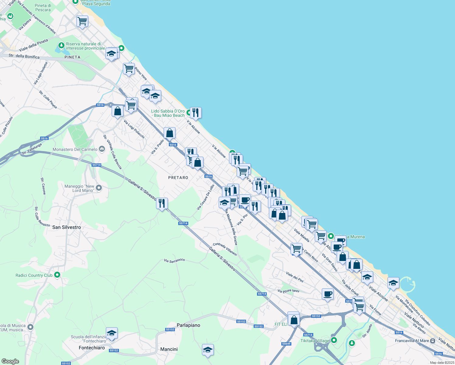 map of restaurants, bars, coffee shops, grocery stores, and more near Viale Monte Velino in Francavilla Al Mare