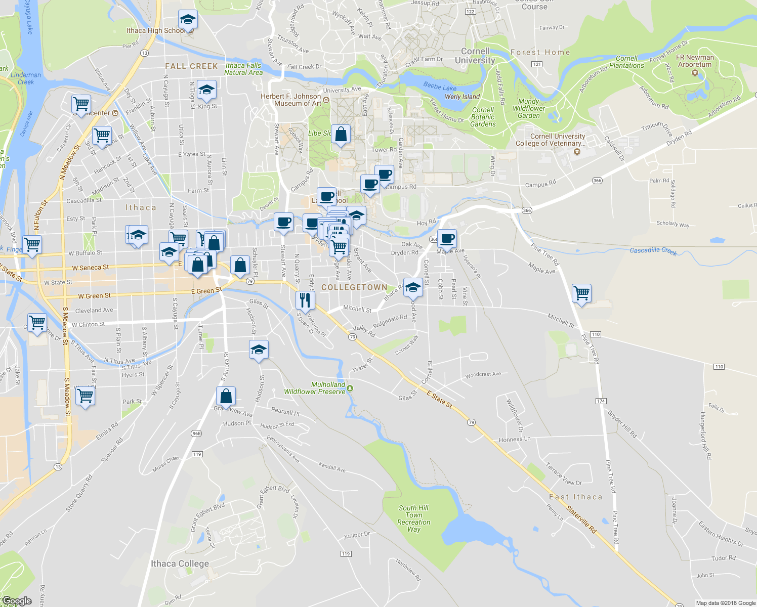 map of restaurants, bars, coffee shops, grocery stores, and more near 104 Ithaca Road in Ithaca