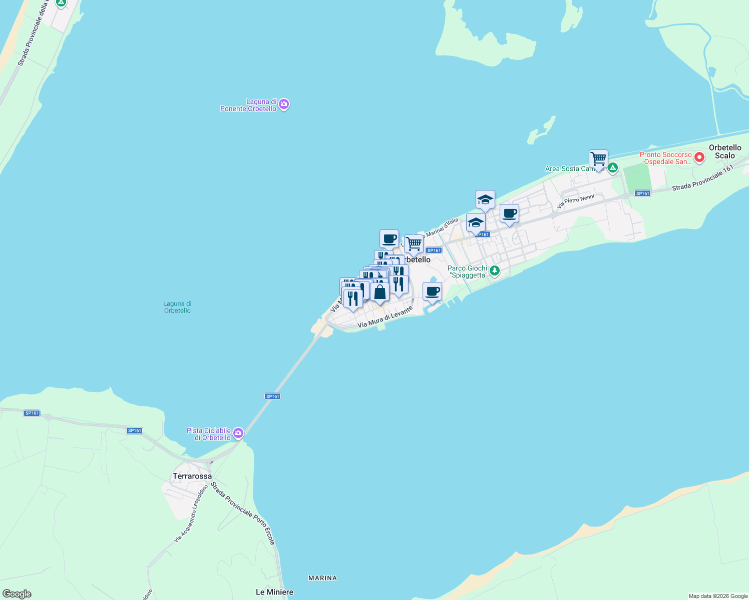 map of restaurants, bars, coffee shops, grocery stores, and more near 77 Via Calametti in Orbetello