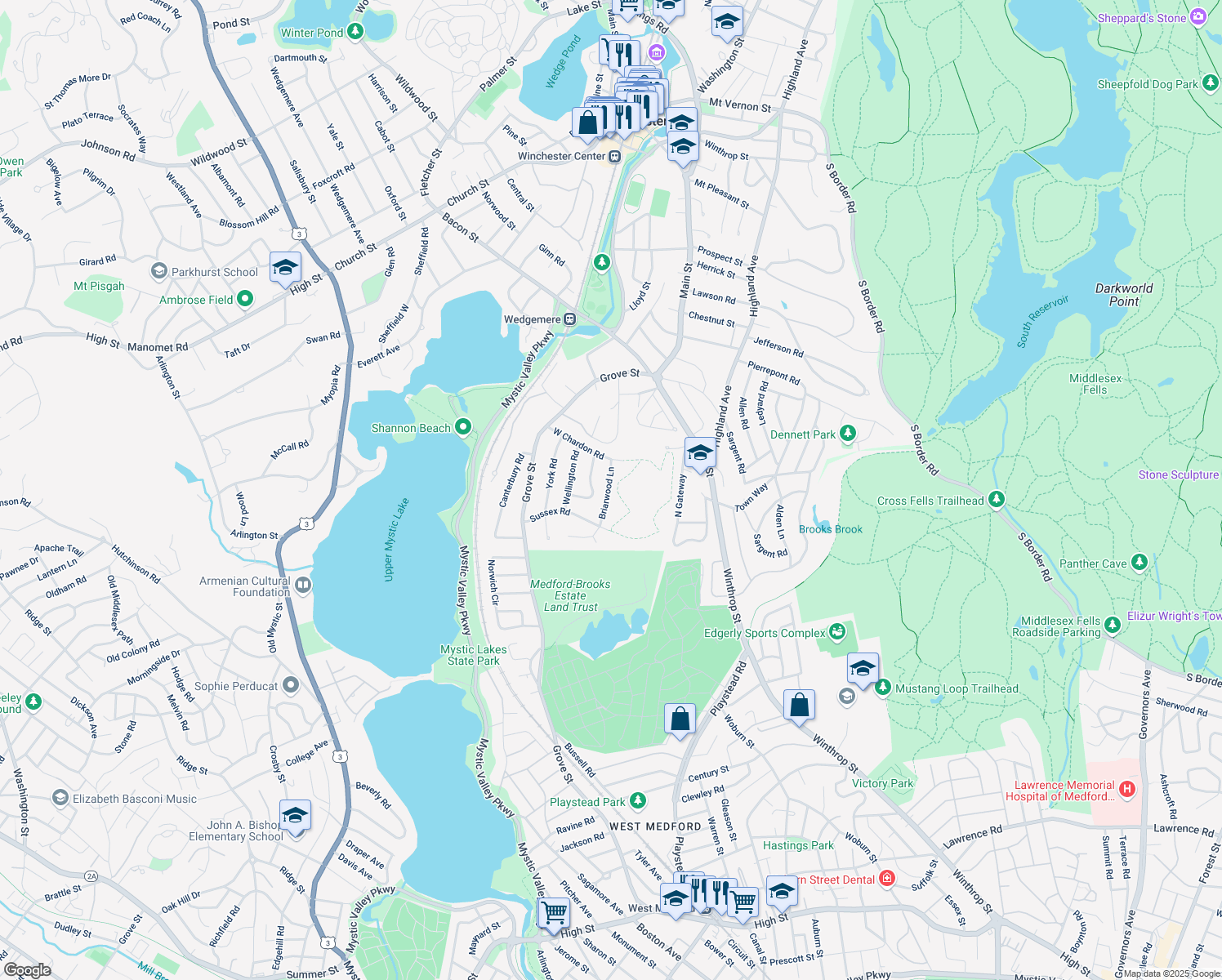 map of restaurants, bars, coffee shops, grocery stores, and more near 8 Briarwood Lane in Winchester
