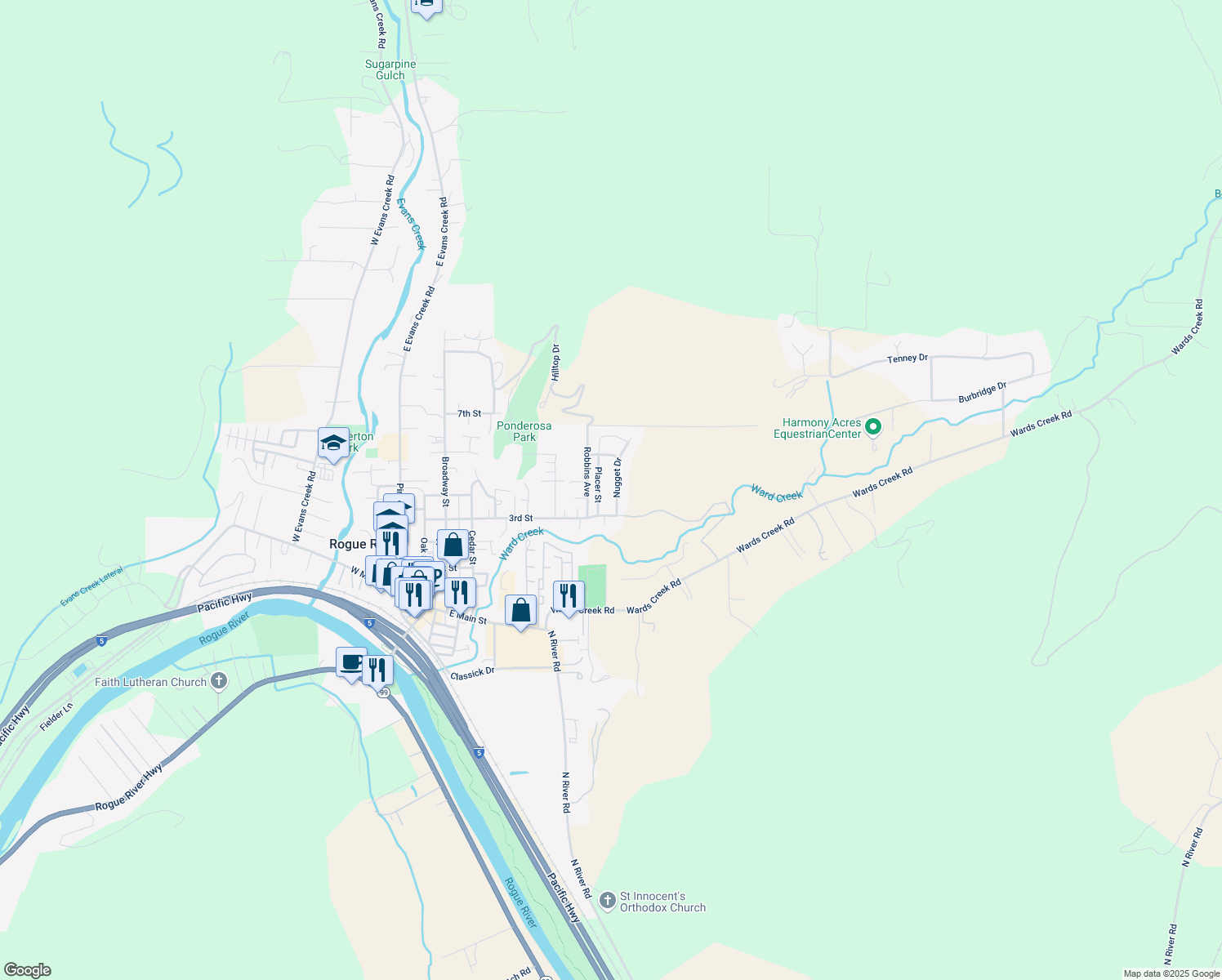 map of restaurants, bars, coffee shops, grocery stores, and more near 408 Nugget Dr in Rogue River