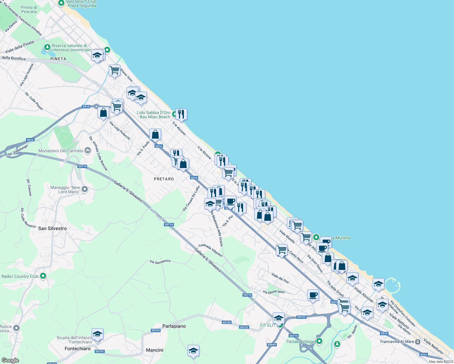 map of restaurants, bars, coffee shops, grocery stores, and more near 11A Piazza Ionio in Francavilla al Mare