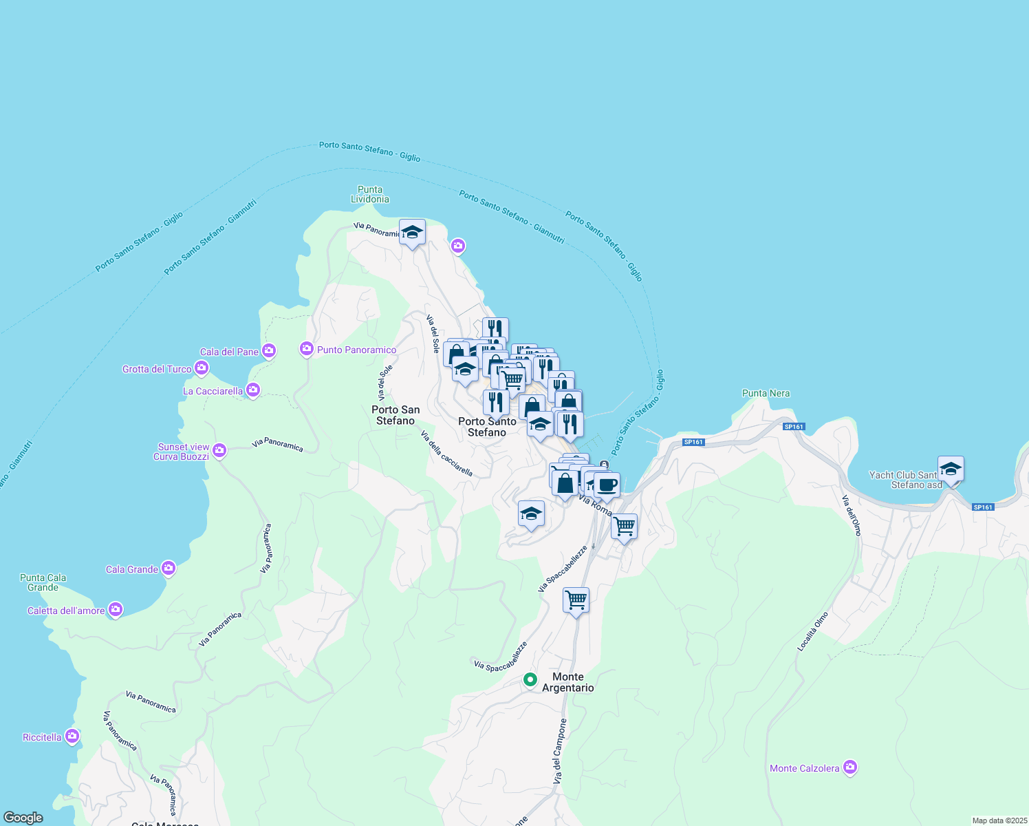 map of restaurants, bars, coffee shops, grocery stores, and more near 8 Via del Mandorlo in Porto Santo Stefano