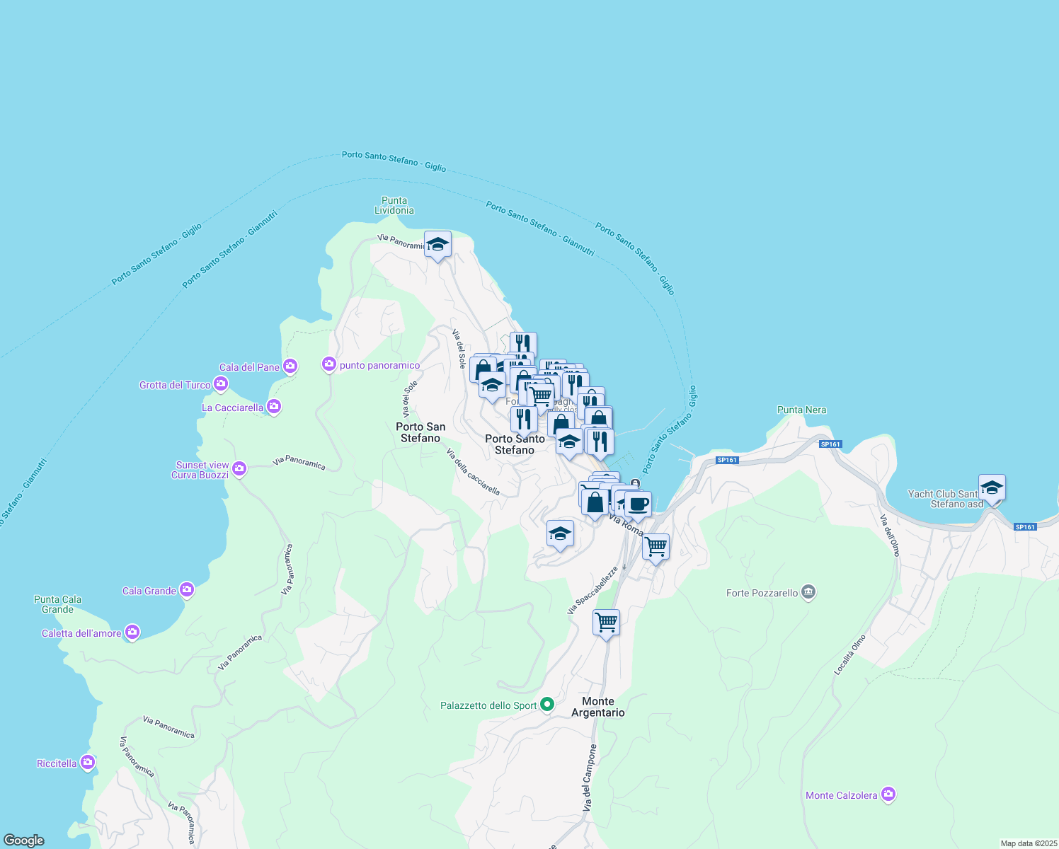 map of restaurants, bars, coffee shops, grocery stores, and more near 8 Via del Mandorlo in Porto Santo Stefano