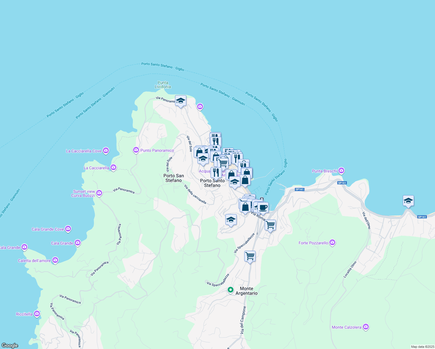map of restaurants, bars, coffee shops, grocery stores, and more near in Porto Santo Stefano