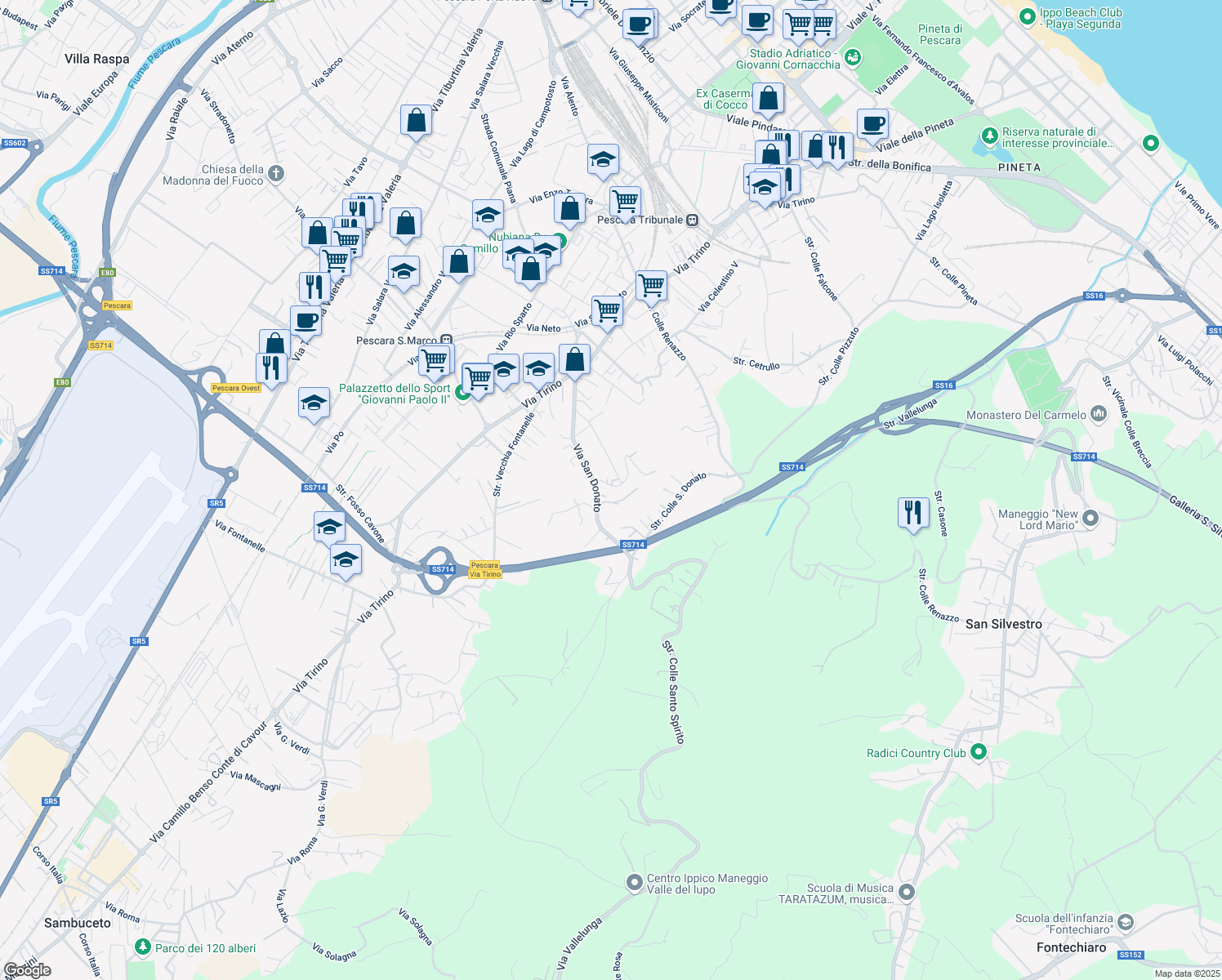 map of restaurants, bars, coffee shops, grocery stores, and more near Strada Colle San Donato in Pescara