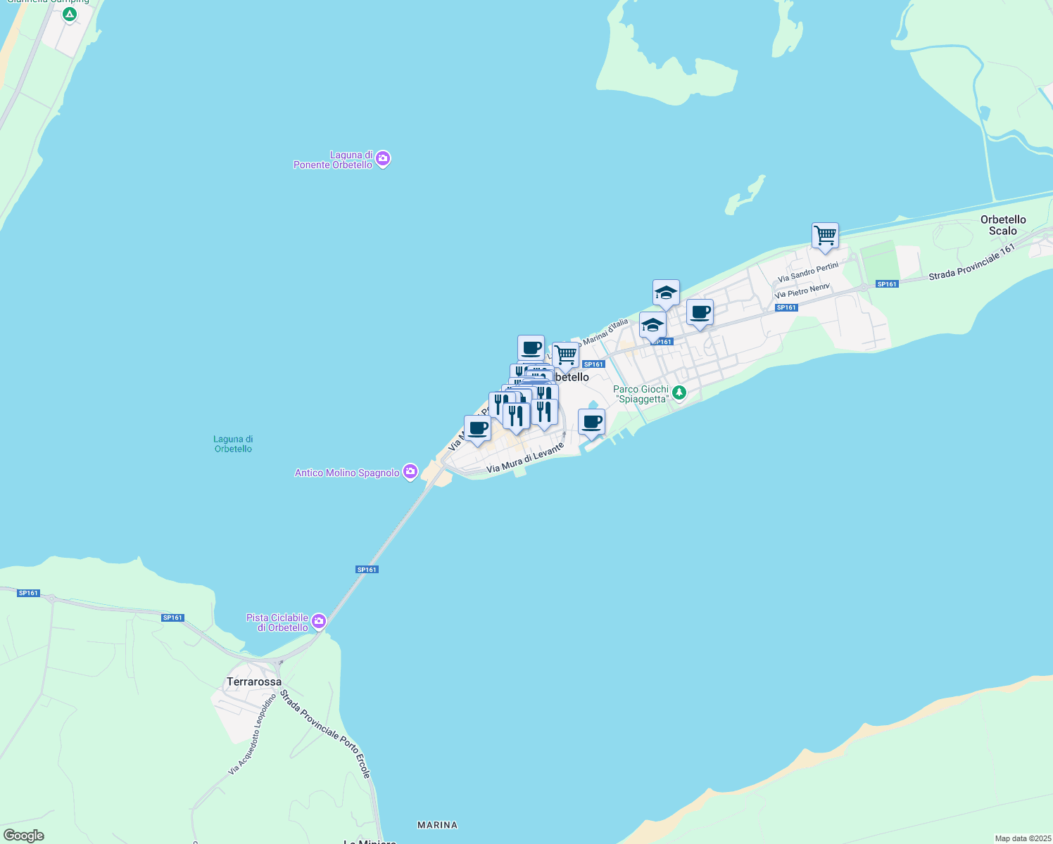 map of restaurants, bars, coffee shops, grocery stores, and more near 2 Via Veneto in Orbetello