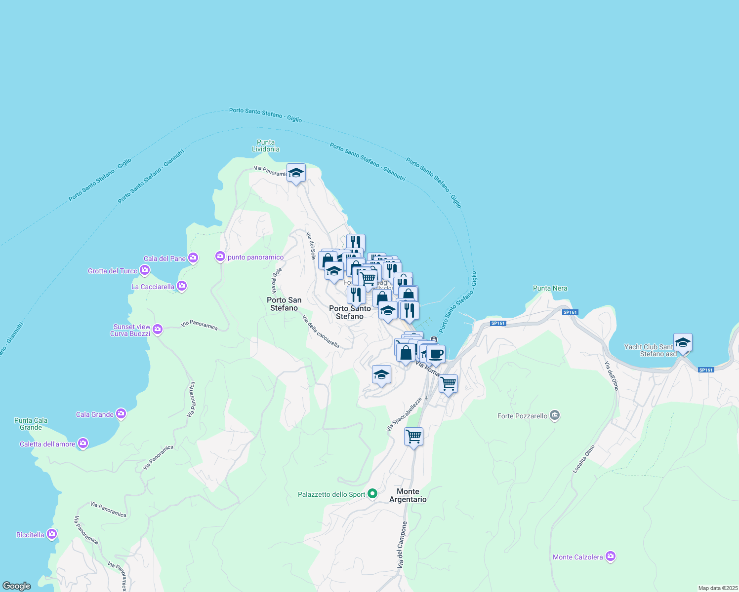 map of restaurants, bars, coffee shops, grocery stores, and more near 8 Via del Mandorlo in Porto Santo Stefano