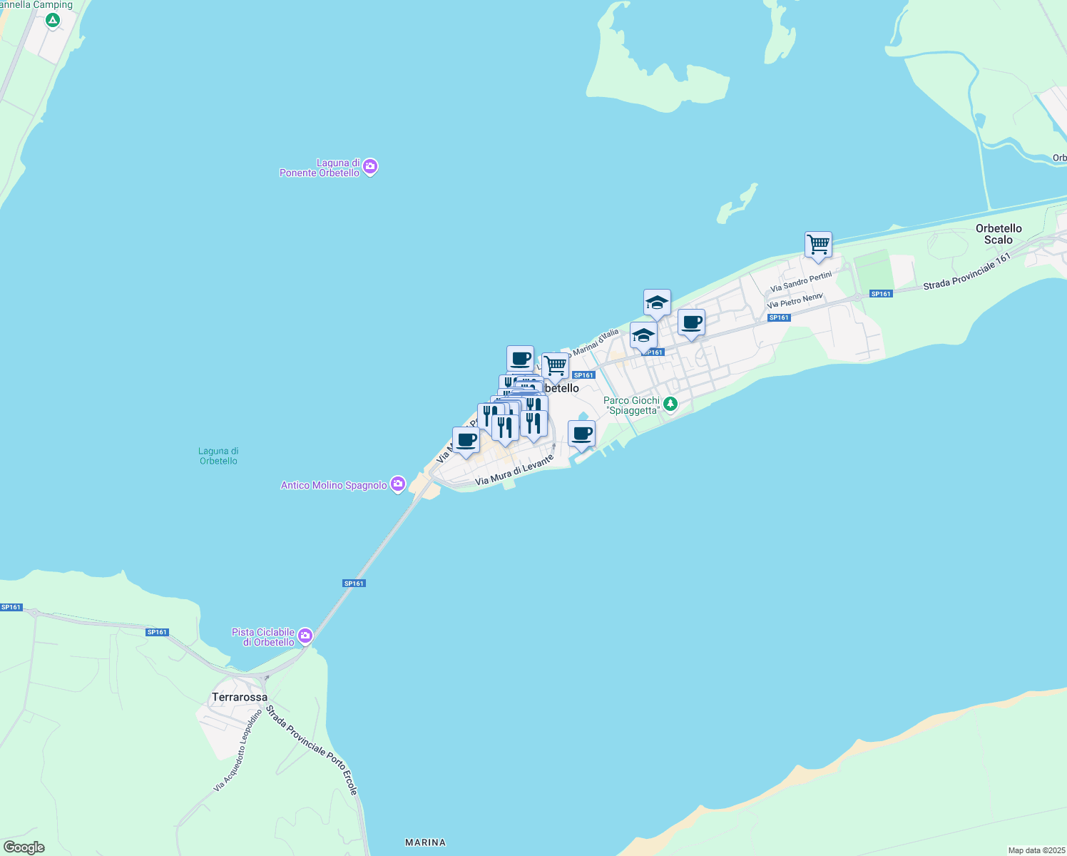 map of restaurants, bars, coffee shops, grocery stores, and more near 2 Via Veneto in Orbetello
