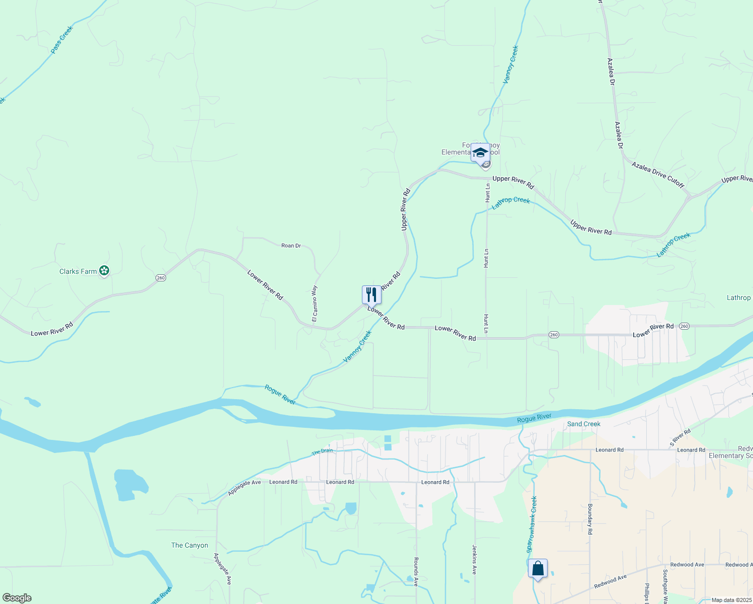 map of restaurants, bars, coffee shops, grocery stores, and more near 5791 Upper River Road in Grants Pass