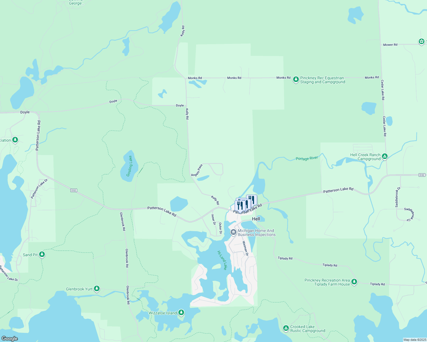 map of restaurants, bars, coffee shops, grocery stores, and more near 4110 Angels Pass in Pinckney