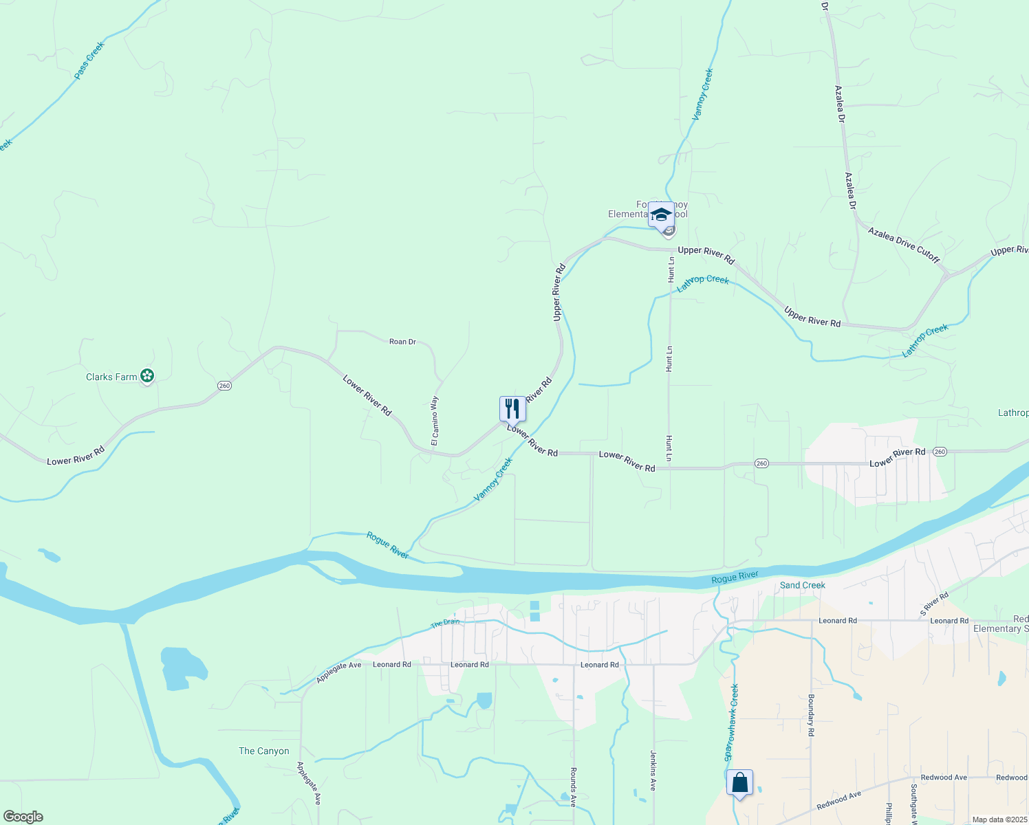 map of restaurants, bars, coffee shops, grocery stores, and more near 5791 Upper River Road in Grants Pass