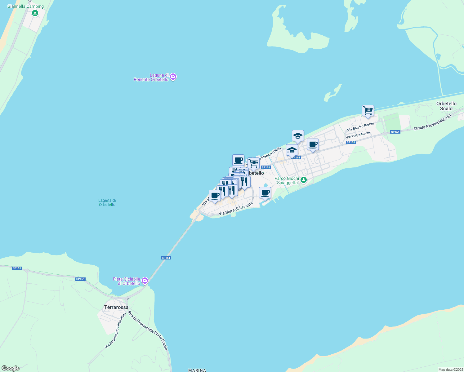map of restaurants, bars, coffee shops, grocery stores, and more near 6 Via Luigi Pirandello in Orbetello