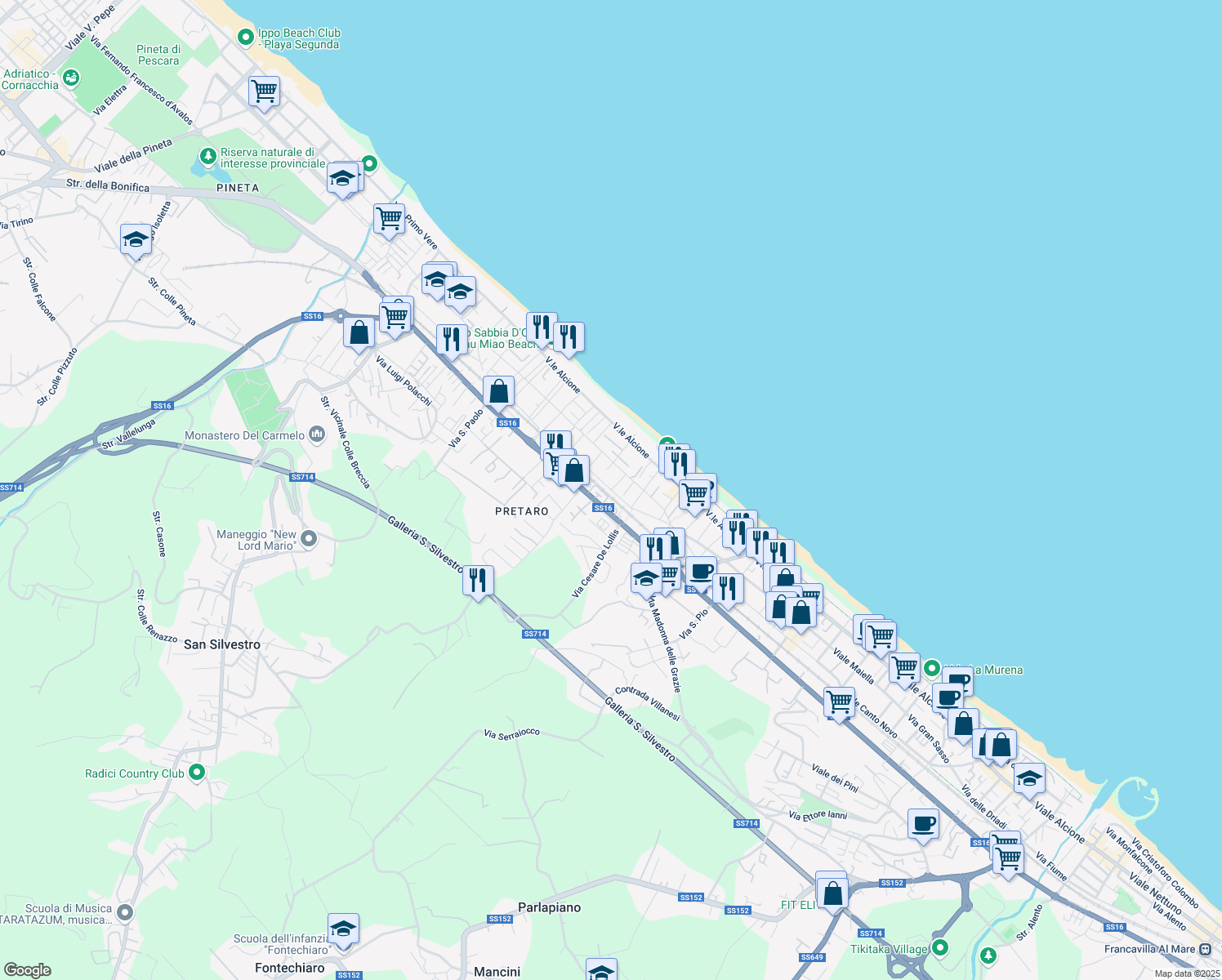 map of restaurants, bars, coffee shops, grocery stores, and more near Viale Monte Velino in Francavilla al Mare