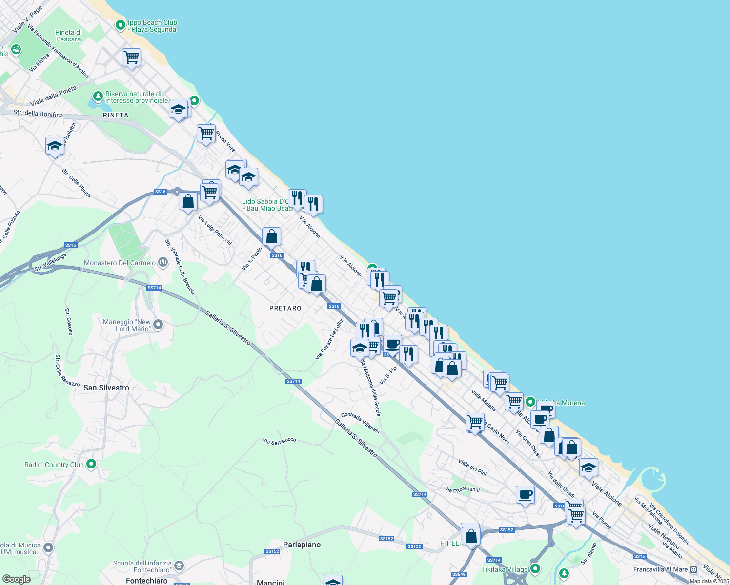 map of restaurants, bars, coffee shops, grocery stores, and more near 209 Viale Alcione in Francavilla al Mare