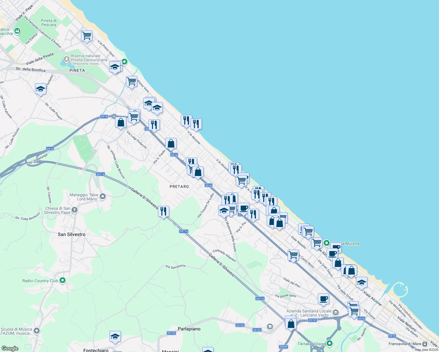 map of restaurants, bars, coffee shops, grocery stores, and more near 17 Viale Monte Sirente in Francavilla al Mare