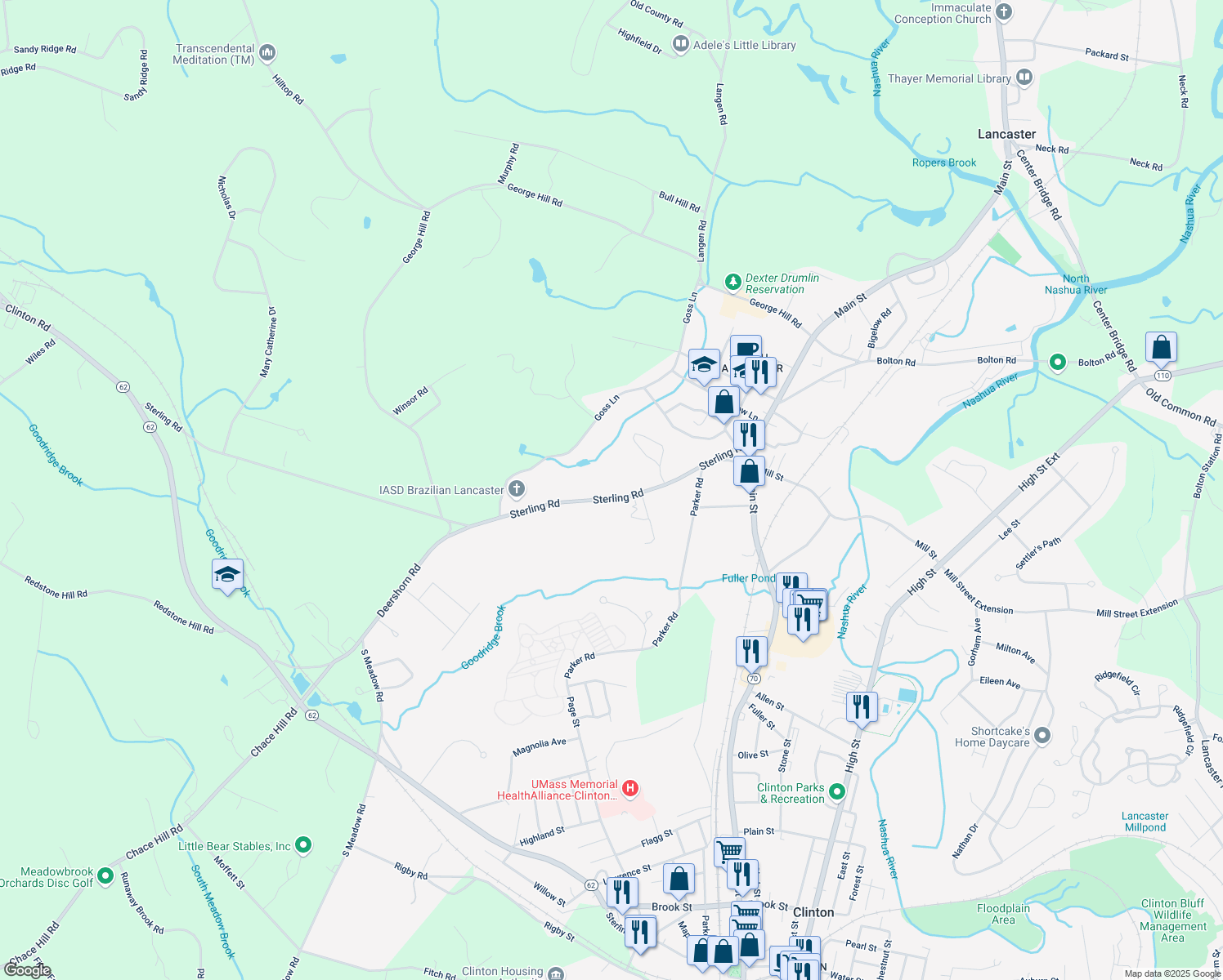 map of restaurants, bars, coffee shops, grocery stores, and more near 225 Sterling Road in Lancaster