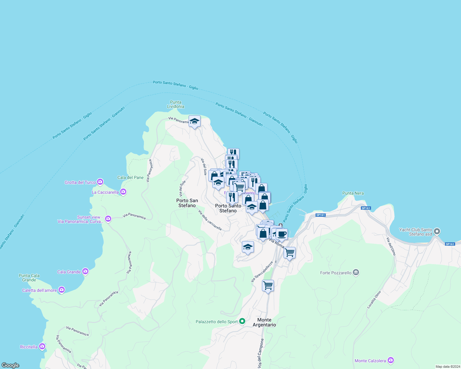 map of restaurants, bars, coffee shops, grocery stores, and more near 2 Via Cappellini in Porto Santo Stefano
