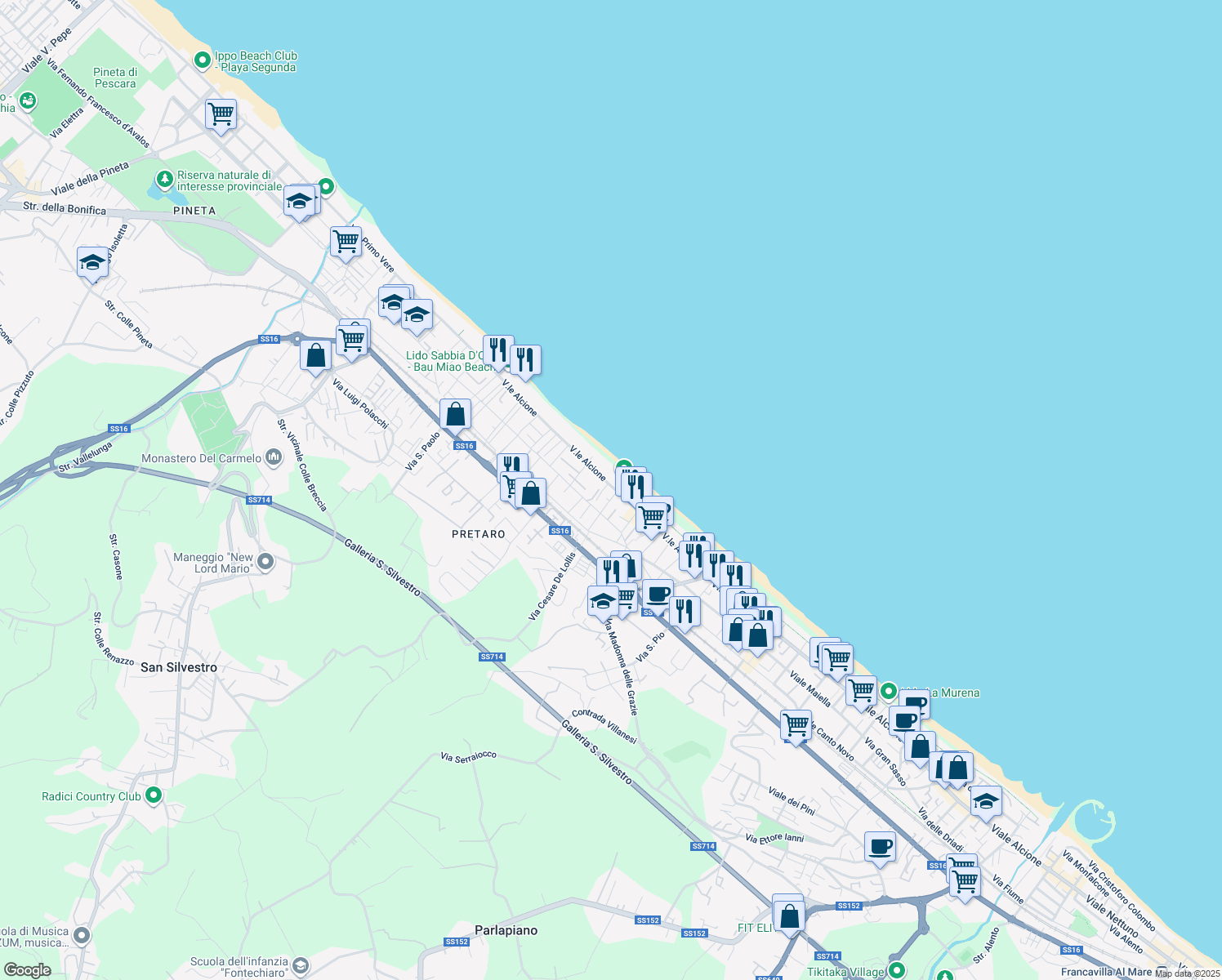 map of restaurants, bars, coffee shops, grocery stores, and more near 209 Viale Alcione in Francavilla al Mare