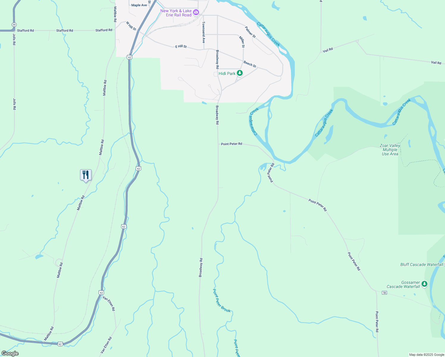 map of restaurants, bars, coffee shops, grocery stores, and more near 10148 Broadway Road in Gowanda