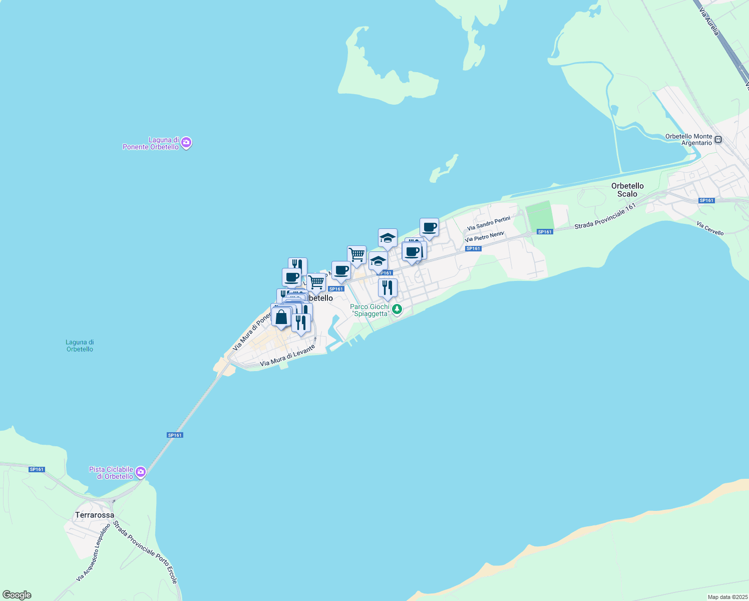 map of restaurants, bars, coffee shops, grocery stores, and more near 26 Via Edmondo de Amicis in Orbetello