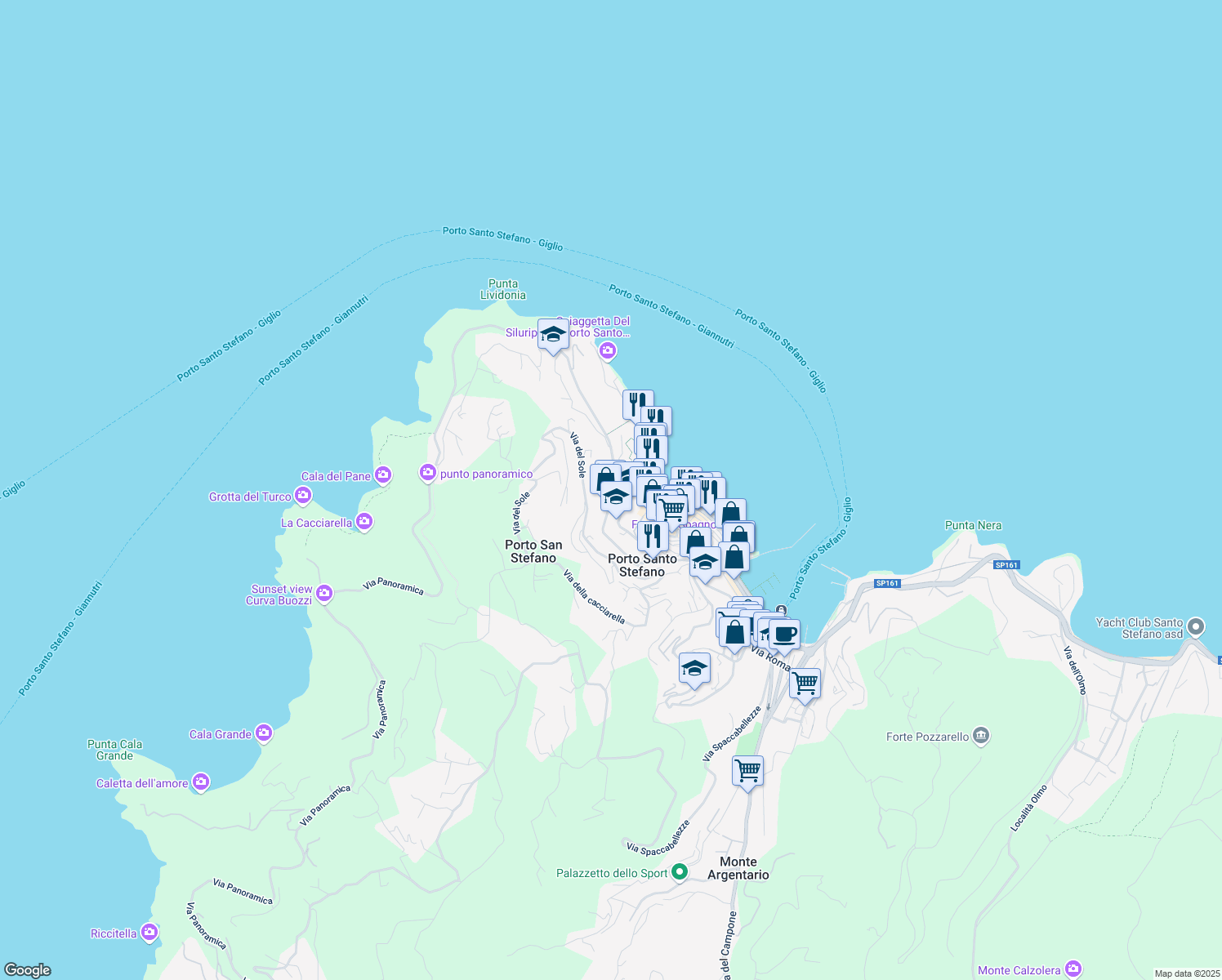 map of restaurants, bars, coffee shops, grocery stores, and more near 271 Via Panoramica in Porto Santo Stefano