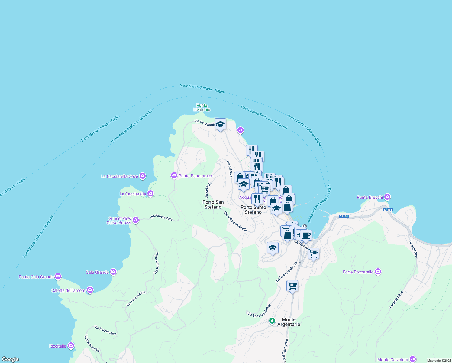 map of restaurants, bars, coffee shops, grocery stores, and more near 183 Via del Sole in Porto Santo Stefano