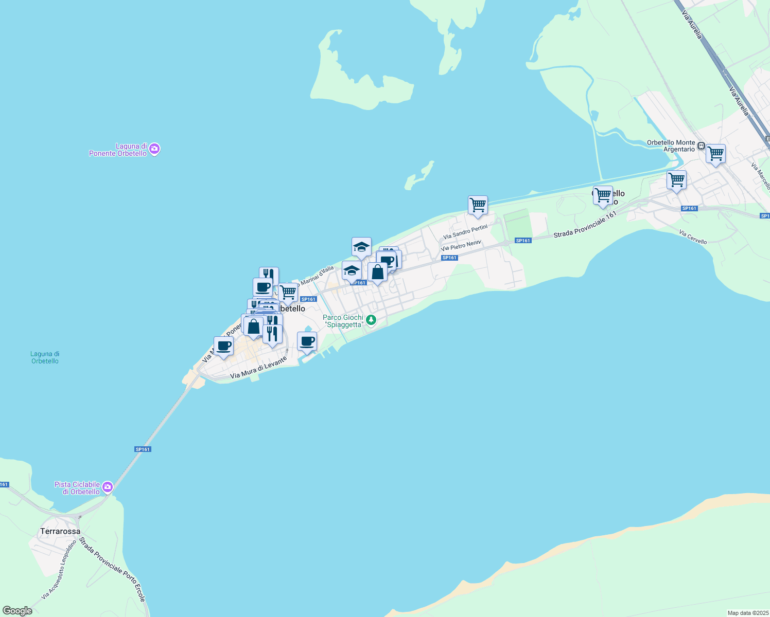 map of restaurants, bars, coffee shops, grocery stores, and more near 20A Via Pola in Orbetello