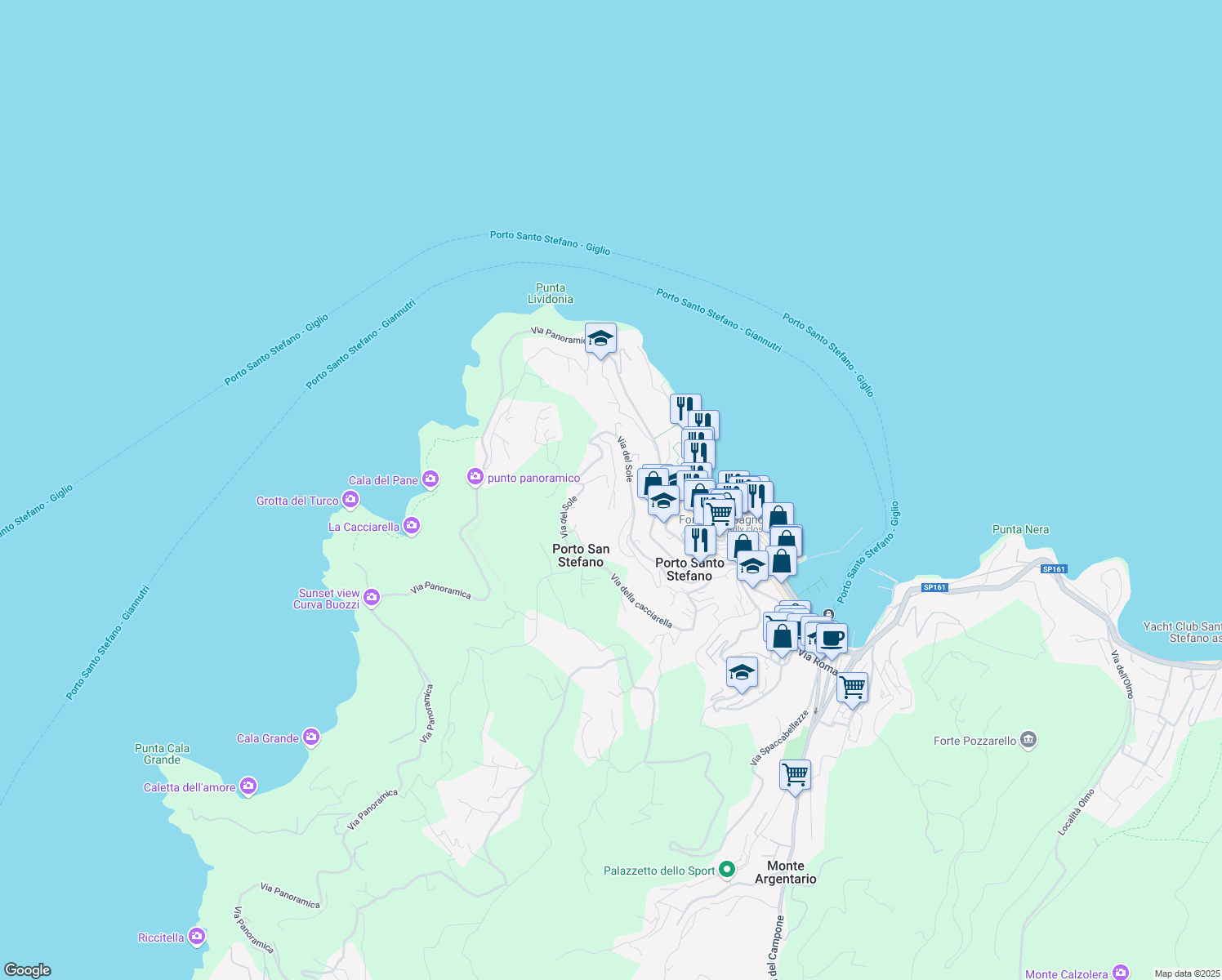 map of restaurants, bars, coffee shops, grocery stores, and more near 183 Via del Sole in Porto Santo Stefano
