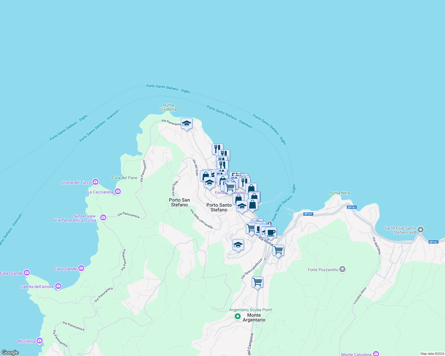 map of restaurants, bars, coffee shops, grocery stores, and more near 28 Via del Molo in Porto Santo Stefano