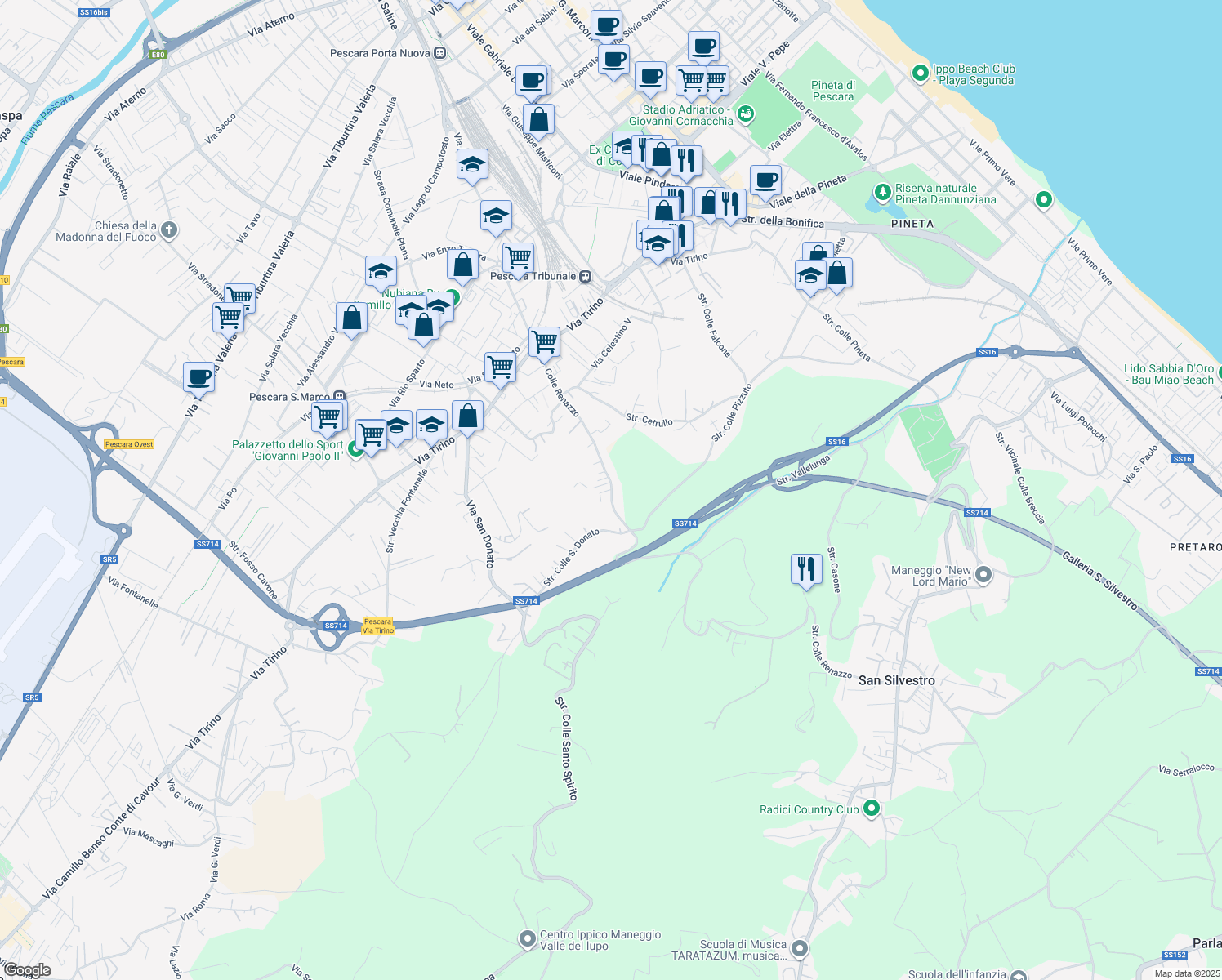 map of restaurants, bars, coffee shops, grocery stores, and more near Strada Colle Renazzo in Pescara