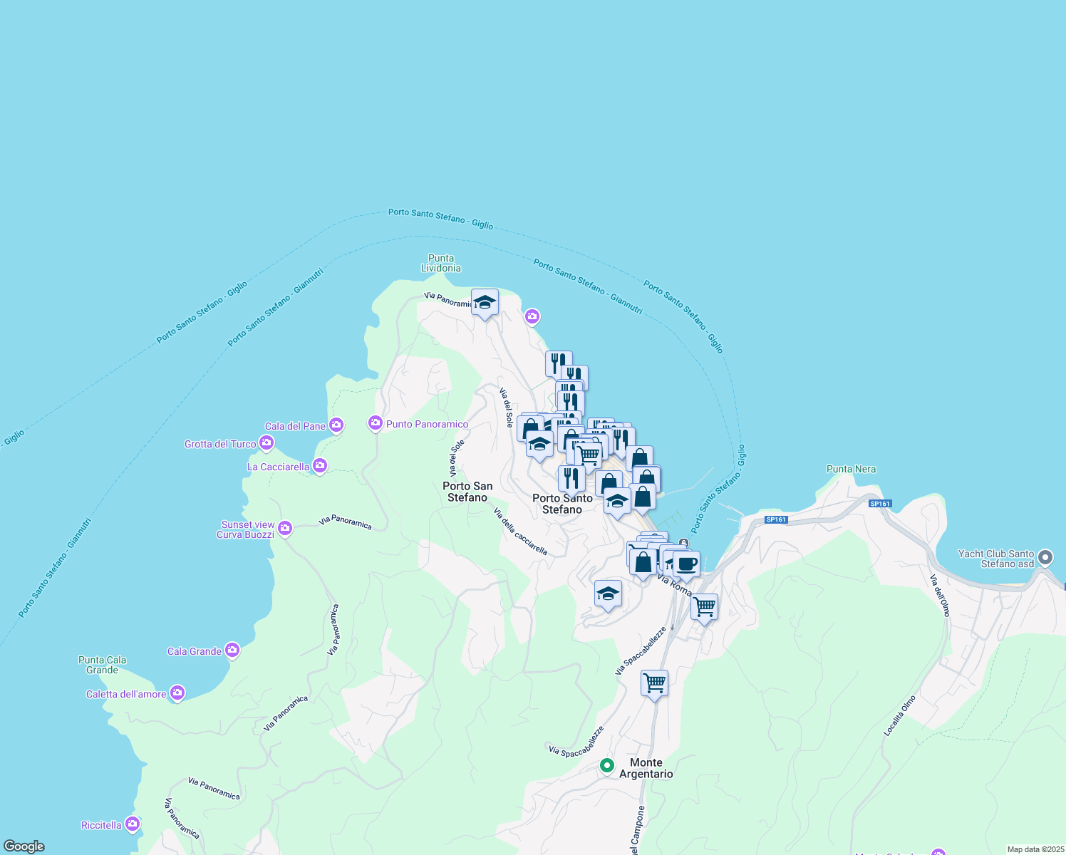 map of restaurants, bars, coffee shops, grocery stores, and more near 271 Via Panoramica in Porto Santo Stefano