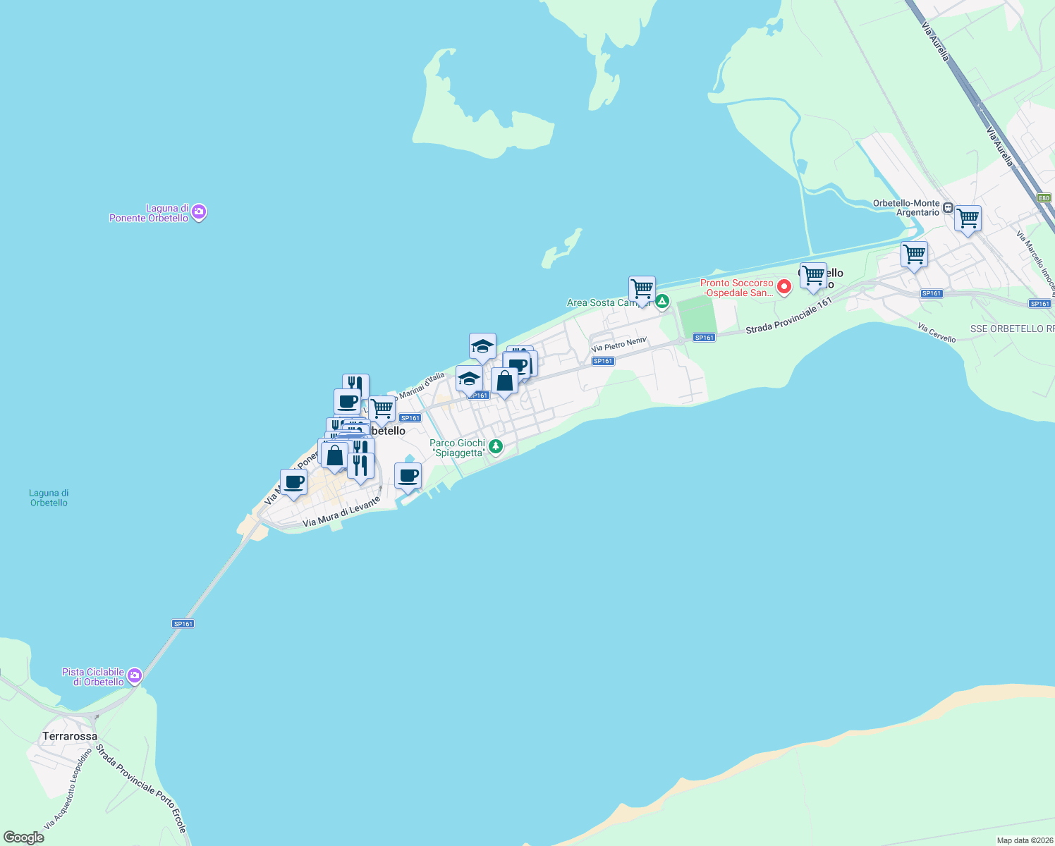map of restaurants, bars, coffee shops, grocery stores, and more near 20A Via Pola in Orbetello