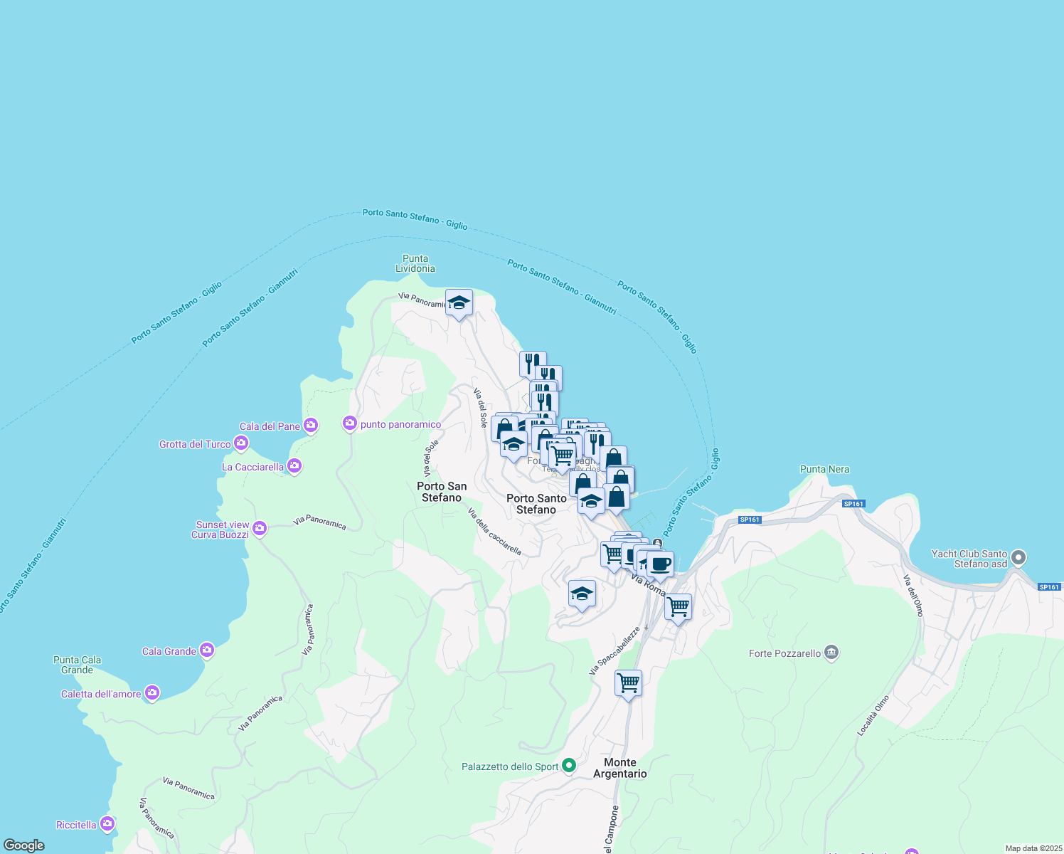 map of restaurants, bars, coffee shops, grocery stores, and more near 28 Via del Molo in Porto Santo Stefano