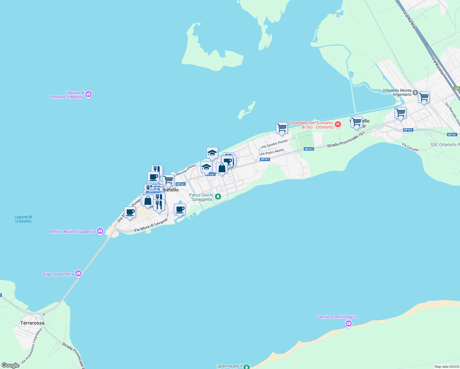 map of restaurants, bars, coffee shops, grocery stores, and more near 20A Via Pola in Orbetello