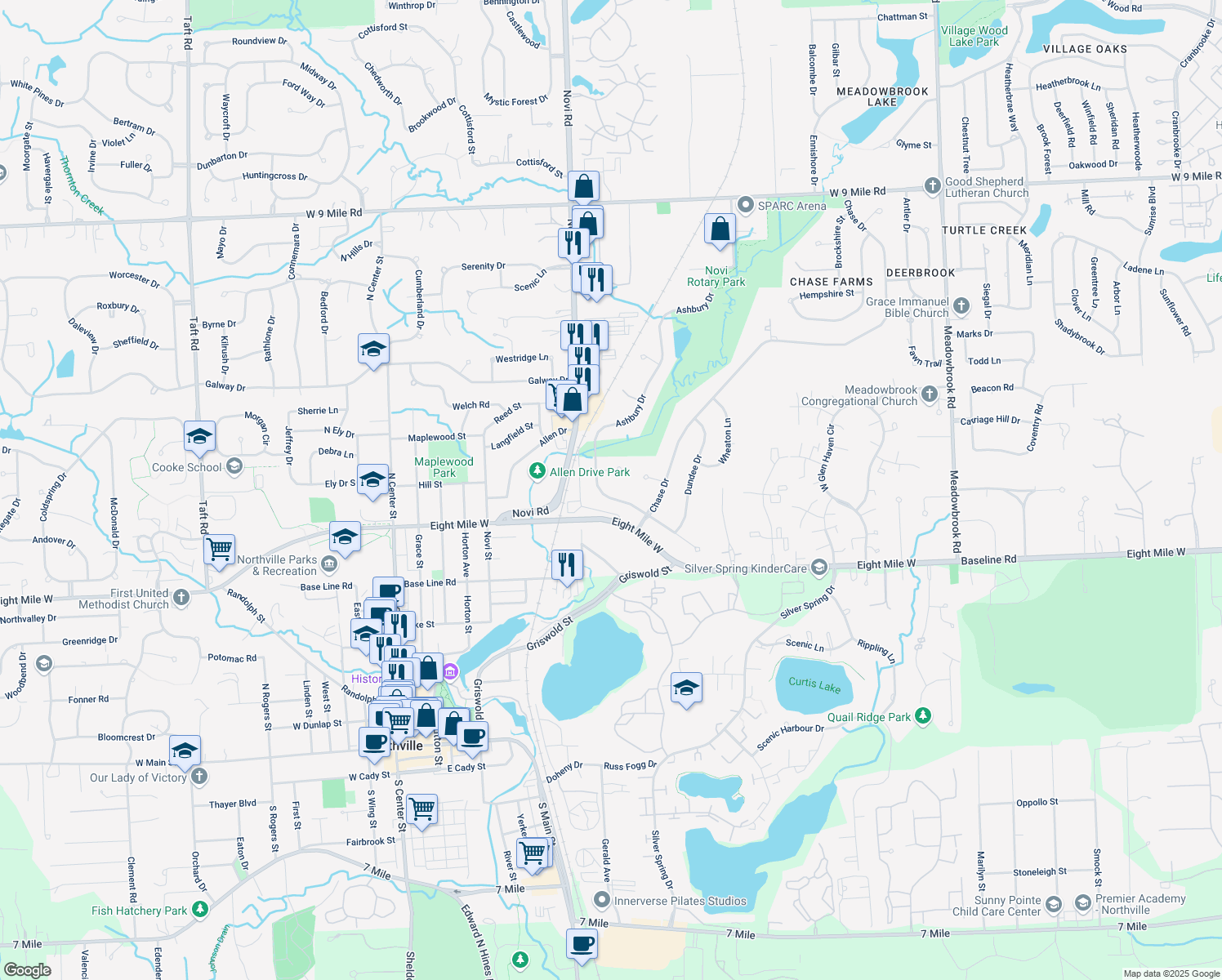 map of restaurants, bars, coffee shops, grocery stores, and more near 43122 Ashbury Dr in Novi